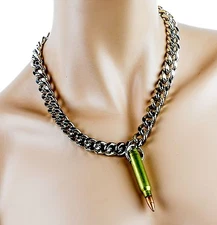 Real Bullet .223 Caliber Brass Pendant With Diamond Cut Heavy Chain Necklace
