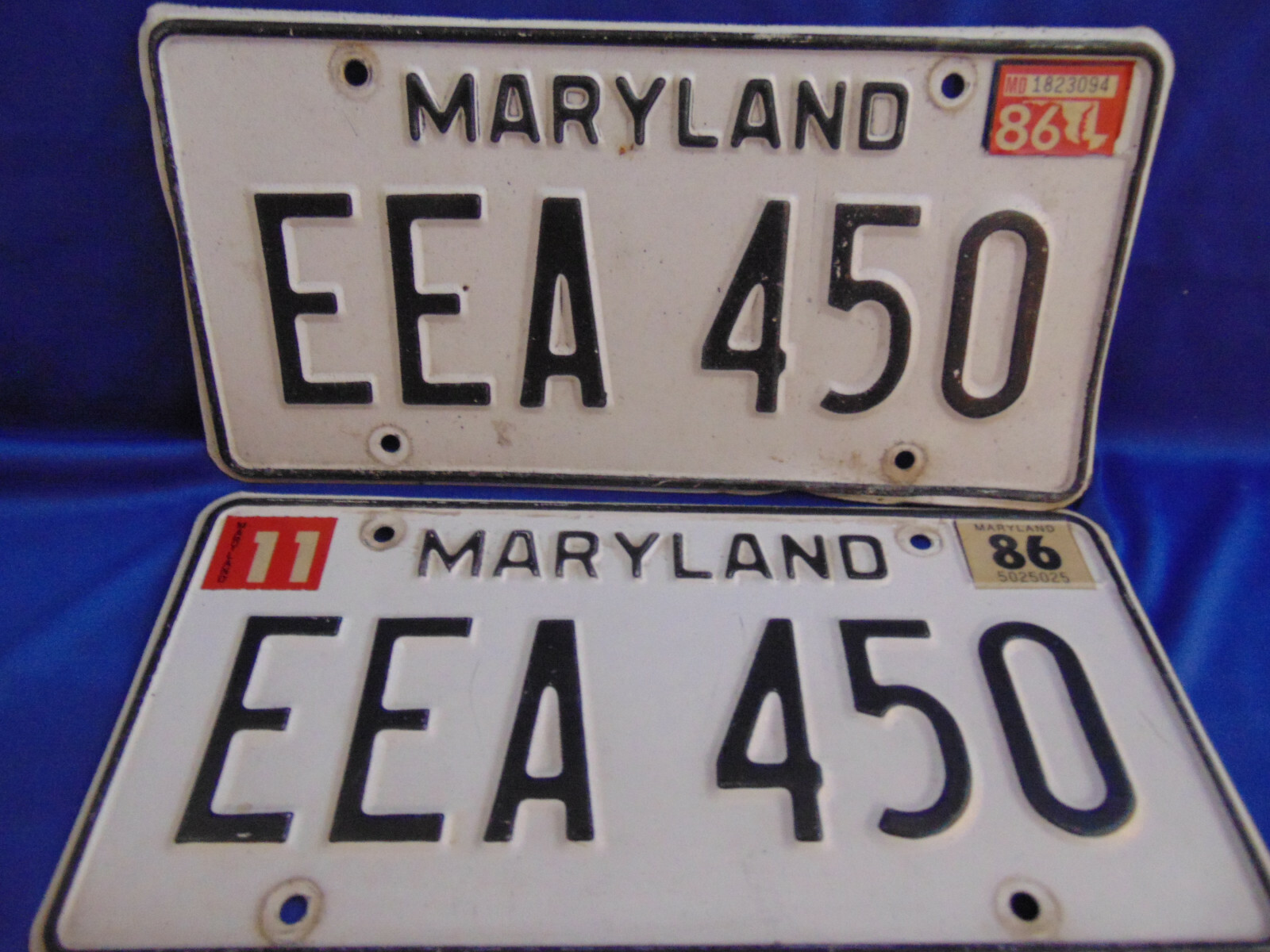 2 Maryland 1986 license plates tags EEA 450 DMV Glen Burnie office