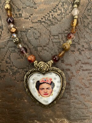 Frida Kahlo Brass Floral Filigree Heart Pendant Crystal Jasper Bead