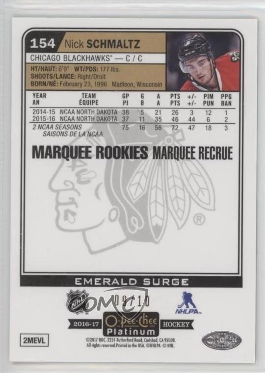 2016-17 O-Pee-Chee Platinum Emerald Surge /10 Nick Schmaltz #154 Rookie RC - Image 2 of 2