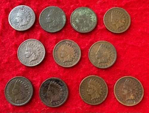 US Indian Head Cent/Penny Lot, 11 Coins, Bronze, AG to VF Circulated Condition