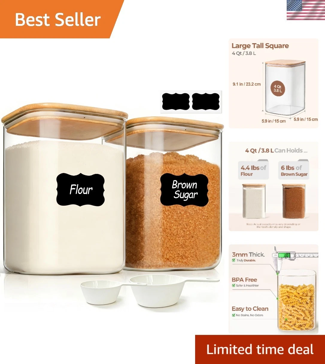 2-Pc 4Qt Airtight Large Glass Storage Containers for Stylish Pantry Organization