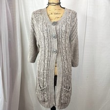 Suzanne Grae Brown Long Cable Knit Cardigan Pockets Chucky Buttons SzM Academia