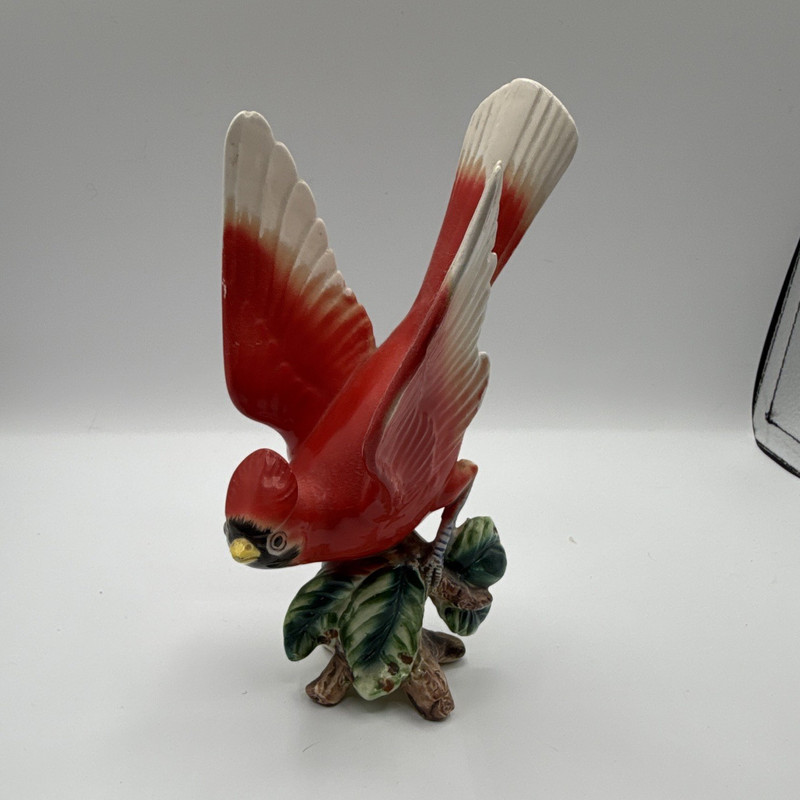 Porcelain Cardinal Bird Figurine, Wings Spread, Leaf Base Decorative Accent