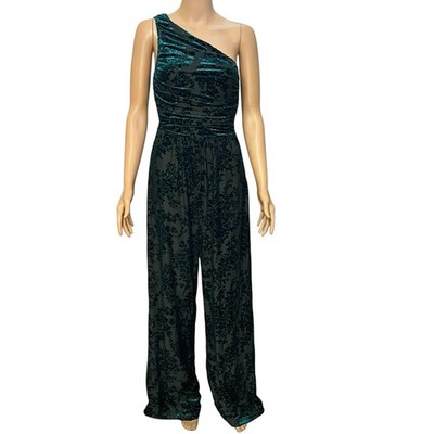 Lulus Elegant Forever Velvet Burnout Jumpsuit Small Wide Leg One Shoulder Teal