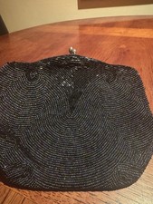 Black Beaded Evening Clutch Bag with kiss-lock closure; Made In Belgium.