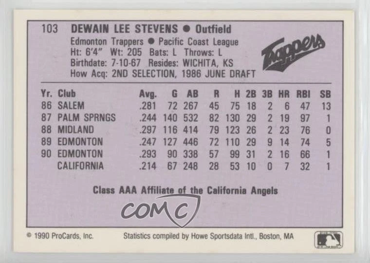 1990 ProCards AAA Future Stars Lee Stevens #103 - Image 2 of 2