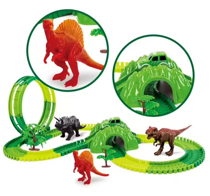 DIY 154-Pcs Dinosaur Tracks Car Toy Magic 360 Loop Tracks w/ Five  LED Lights - Image 2 of 4