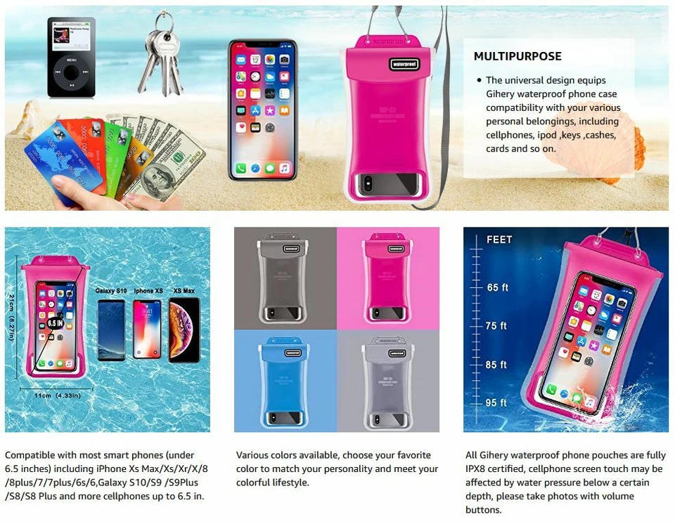 Paquete de 2 fundas impermeables para teléfono celular bolsa seca para nadar para iPhone Samsung Foto 2 de 2