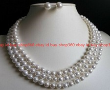 3 Rows 8mm White Shell Pearl  not Pearl  Necklace Earrings Set 18-20''