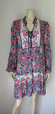ANTHROPOLOGIE Blue Motif Long Sleeve Large V-Neck Tie Closure Short NWT Dress