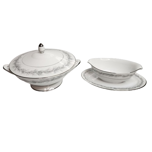 Style House Fine China Duchess Pattern Covered Serving Bowl and Gravy