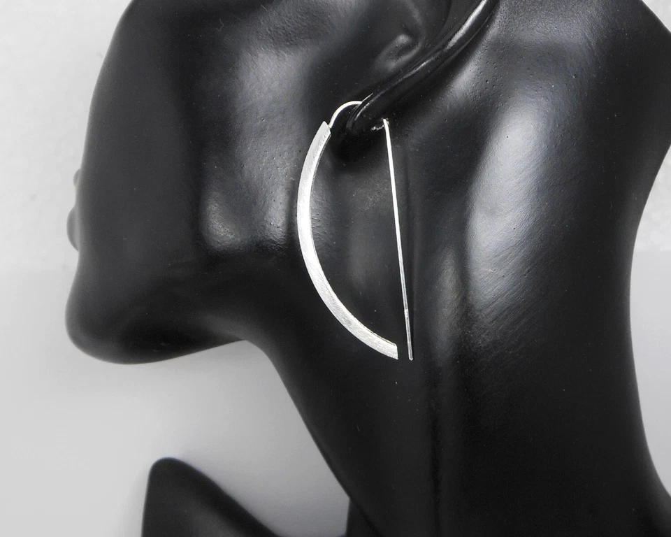 Matte Knight Edge D Arc Ear Threaders 925 Sterling Silver, Handmade Open D Hoops - Image 2 of 4