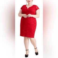 NWT Connected Plus Size Red Lace Metallic Sheath Short Sleeve Dress - Size 24