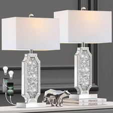 3-Way Dimmable Touch Diamond Crushed Mirrored Bedside Table Lamps Set of 2 fo...