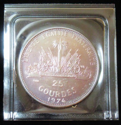 1974年　ハイチ　25グルード銀貨 Haiti: 1974 25 Gourdes Silver Coin in Original Case CoA Sealed