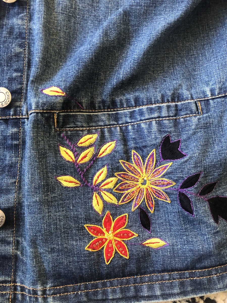 Chico's Design Jean Jacket Patchwork Silk Embroidery Size 1