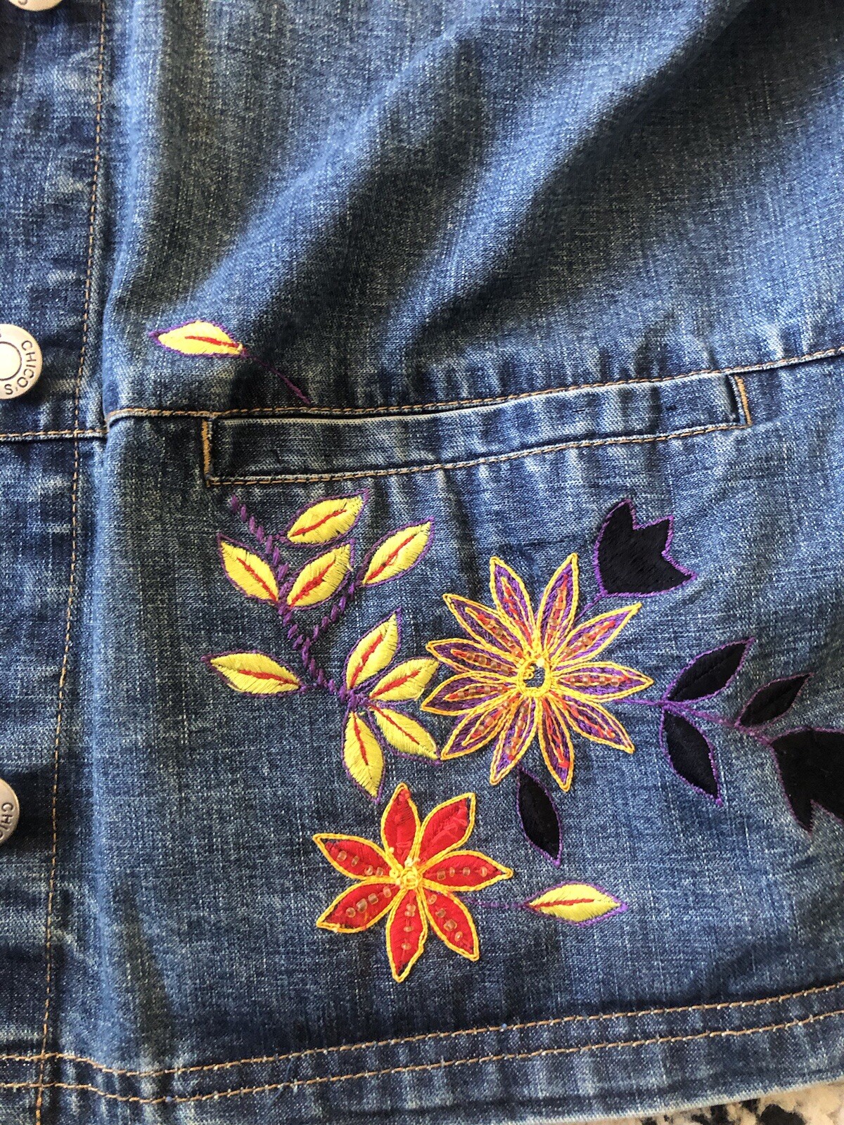 Chico's Design Jean Jacket Patchwork Silk Embroid… - image 5