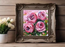 Original oil painting Pink Roses abstract impasto style small size canvas