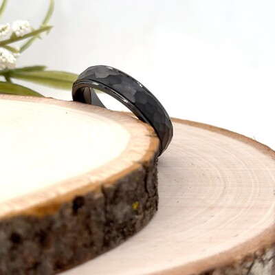 6mm Hammered Brushed Design Ring Black Tungsten Comfort Fit Band For Christmas
