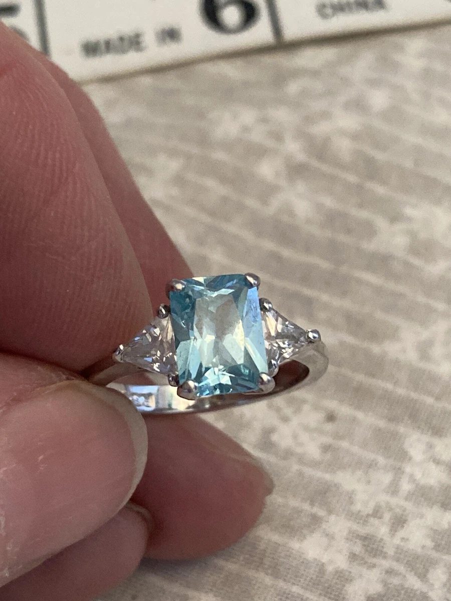 RSC 925 ring. Sterling silver. Blue square stone with 2 clear triangle ones