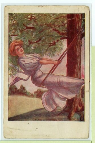 VINTAGE 1909 F. EARL CHRISTY POSTCARD ~ Woman in Lavender Dress on Tree Swing - 第 1/2 張圖片