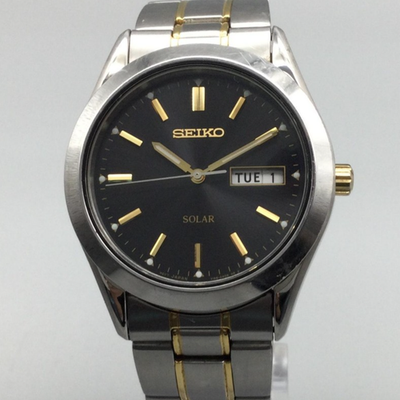 SEIKO WE WILL 時計 ゴールド ブラック Seiko Solar Mens Watch 37mm Black Dial Stainless Two Tone Day Date