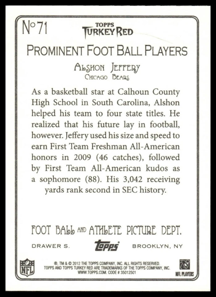 2012 Topps Turkey Red #71 Alshon Jeffery Rookie Chicago Bears - Image 2 of 2