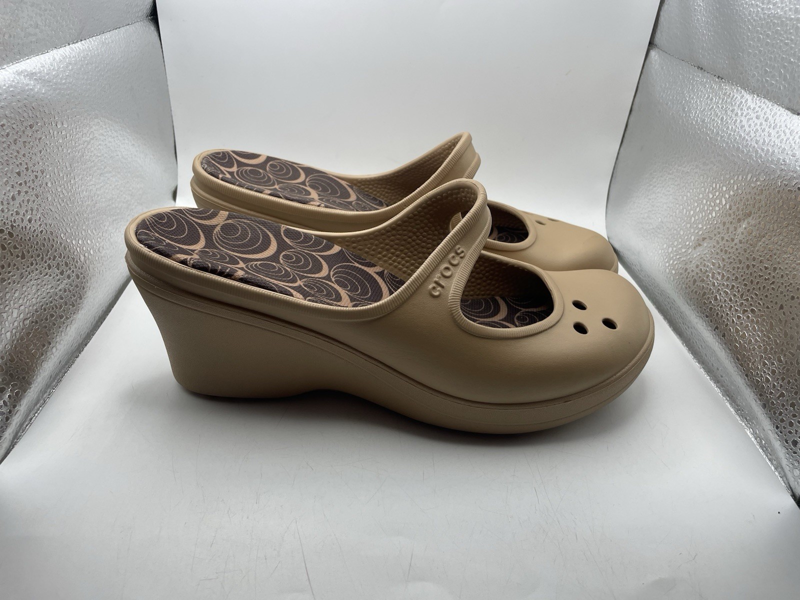 PANTOFOLA D’ORO Scarpe Crocs Frances Mary Jane Zeppa Mule Slip On Beige Comode Donna Taglia 10