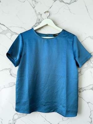 Weekend Max Mara Womens Blue Short Sleeve Satin Blouse Top Size M NWT