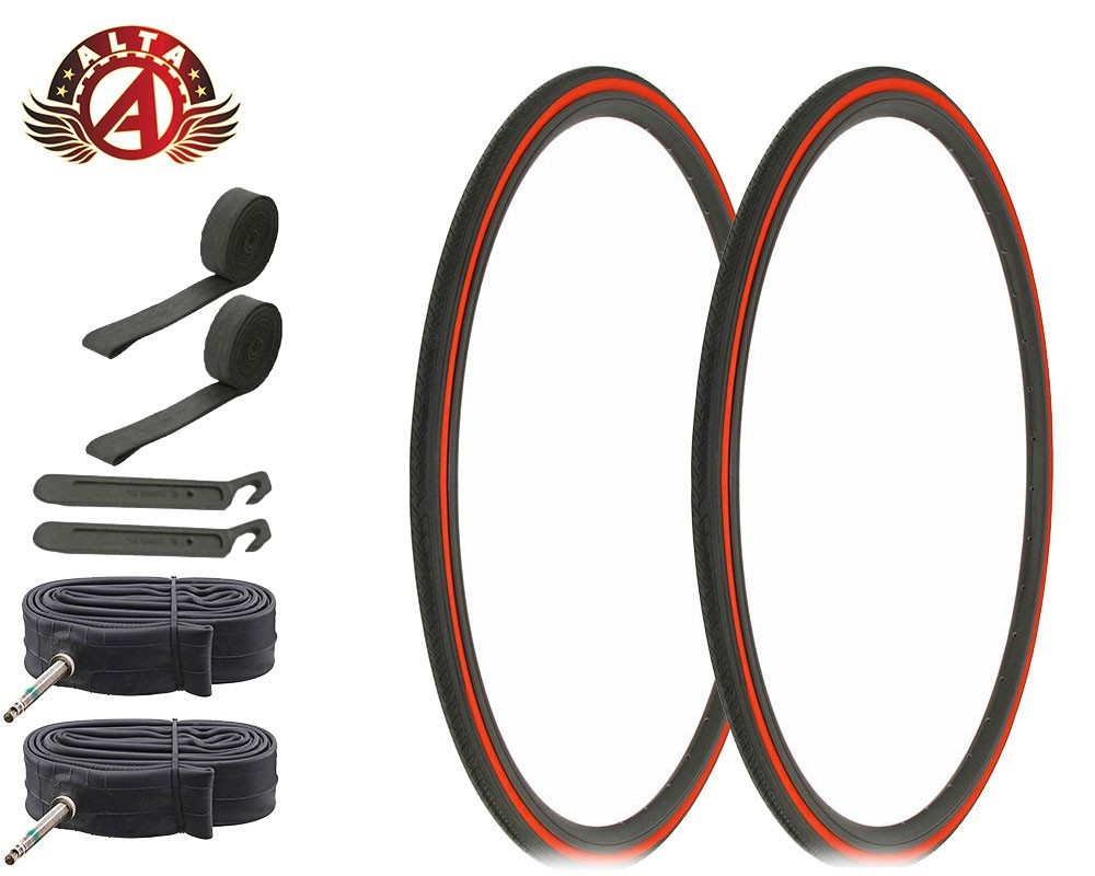 ALTA BICYCLE 700 x 25c LIGHTWEIGHT BLACK/RED SLICK TIRES 60M