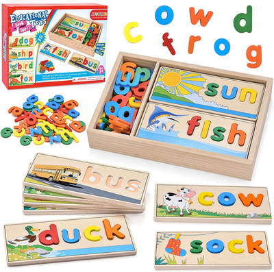 Wooden Spell Learning Toys for 2 3 4 5 Year Old Kids Match Letter Spelling Game