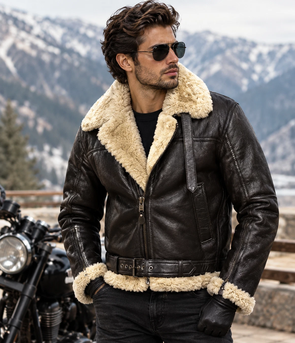 Men's B3 Shearling Bomber Jacket Black Brown Leather Aviator Pilot Winter Coat image 3