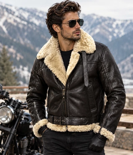 Men's B3 Shearling Bomber Jacket Black Brown Leather Aviator Pilot Winter Coat image 3