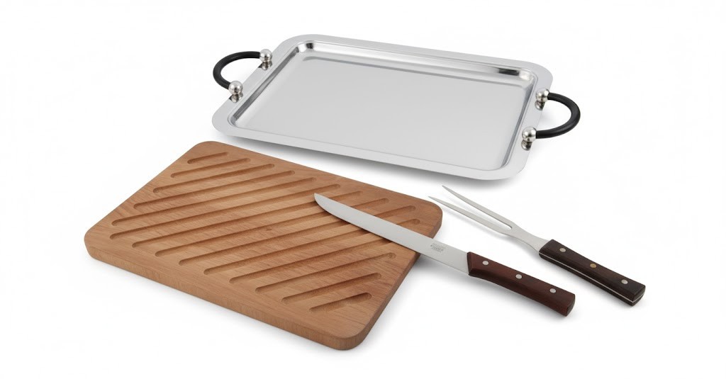 Vassoio per Carne Inox 45x31 cm + Tagliere e Coltelli Arrosto Professionali