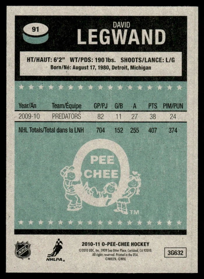 2010-11 O-Pee-Chee Retro David Legwand Nashville Predators #91 - Image 2 of 2