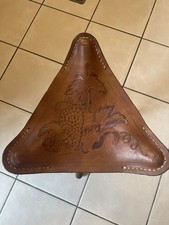 Beautiful Hand Crafted Antique Vintage Leather Tripod Grape Vine Stool