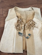VTG Western Hippie Tan Fringed Leather Suede Vest S Turquoise Closure