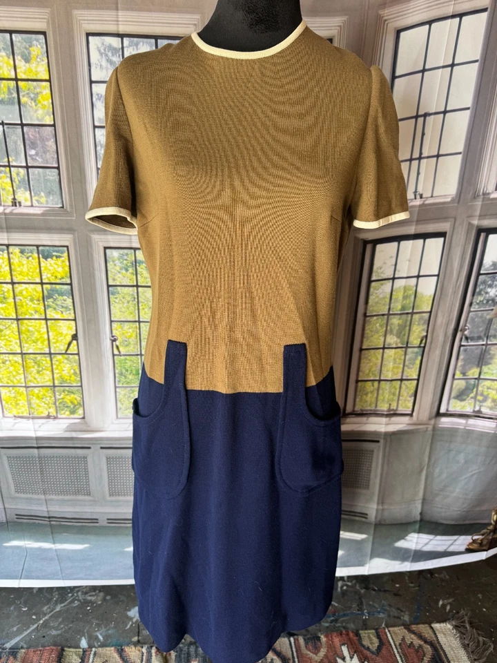 Vestido Mod de Lana Italiano Años 60 Bloque de Color Línea A Bolsillos Midcentury Twiggy Foto 2 de 4