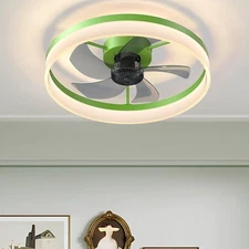 20" Modern Green Ceiling Fan Light LED Dimmable Flush Mount Fixture Kit w Remote