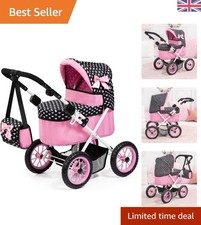 Image of Durable Foldable Doll Pram with Large Wheels in Black & Pink, 18" Compatible