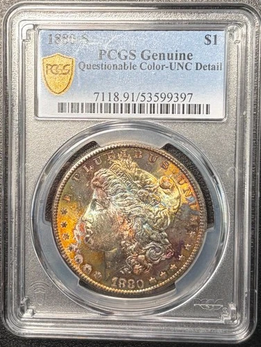 1880-S PCGS Genuine Questionable Color -UNC Detail Morgan Silver $1 Crazy Toning