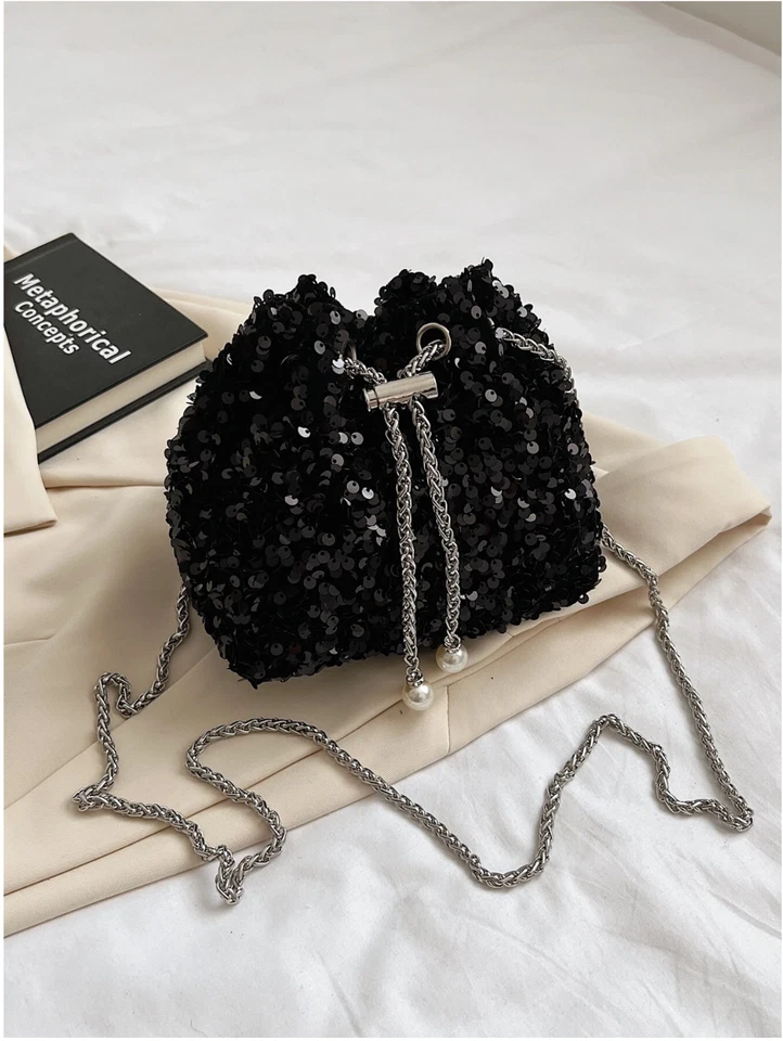 Mini bolso cubo negro con lentejuelas brillantes cierre de cordón bolso de hombro Foto 4 de 4