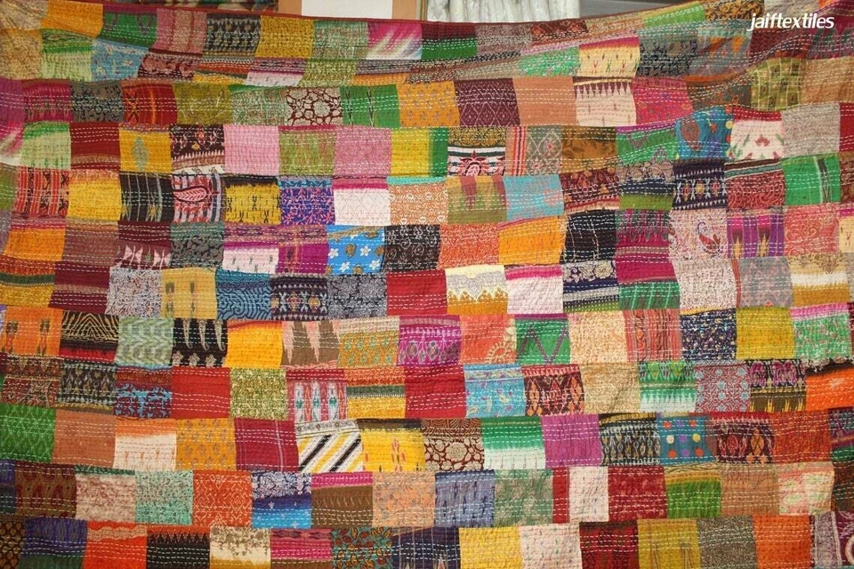 Colcha bohemia colcha kantha patchwork seda hecha a mano india manta tiro Foto 3 de 3