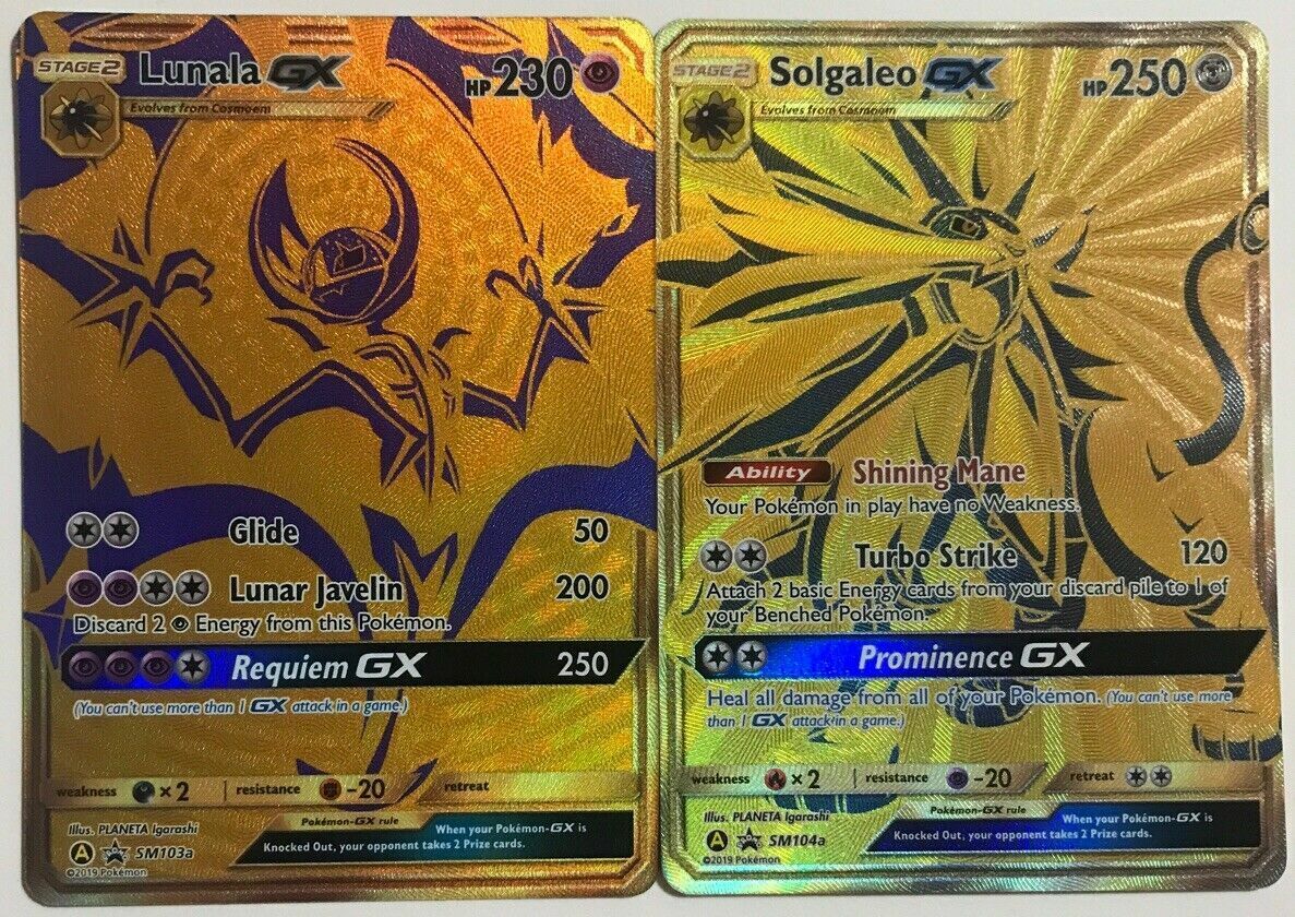 GOLD FULL ART Lunala + Solgaleo GX ULTRA RARE Pokemon SM104a Black Star  Promo LP