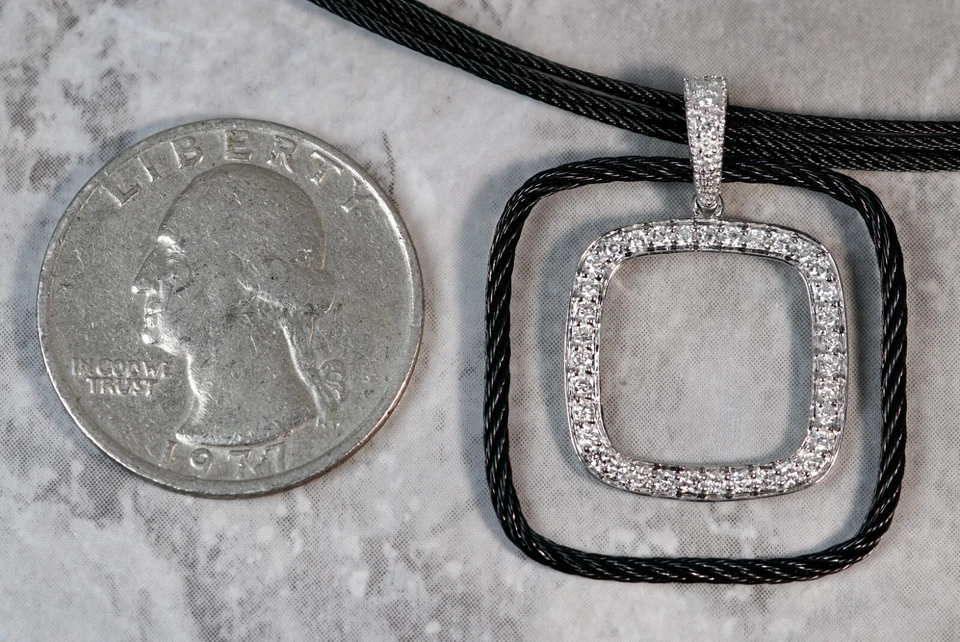 Collar Colgante Cuadrado Diamante Cable Negro Oro Blanco 18K ALOR Foto 2 de 4