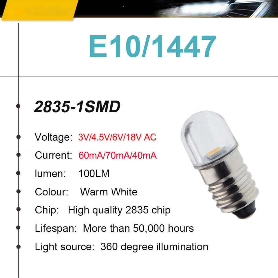 1-2x E10 LED Screw Flashlight LED Miniature Bulb 3V/4.5V/6V/12V/18V - Image 3 of 4