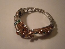 Pink Green Austrian Crystal Rhinestone Elephant Bangle Bracelet Silver Tone 7"