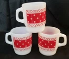 3 Pc Vtg Anchor Hocking Fire King Red Polka Dot Lace Milk Glass Stacking Mugs