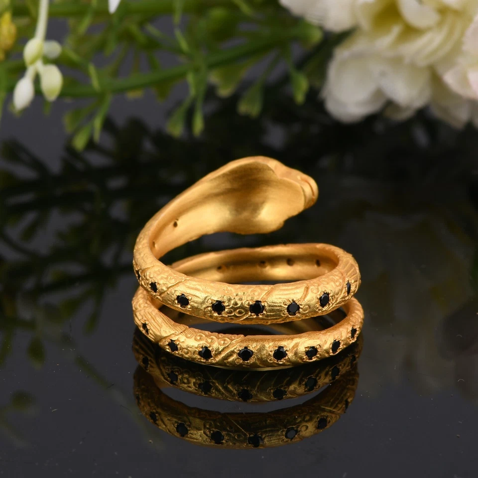 Envoltório anel de cobra com zircão preto folheado a ouro prata amante de animais joias de presente - Imagem 4 de 4